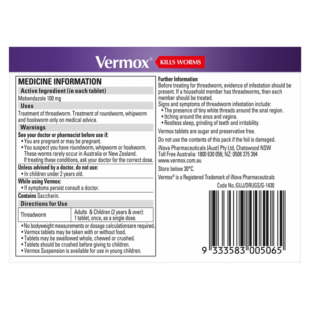 Vermox Worming Treatment 100mg Orange 6 Tablets