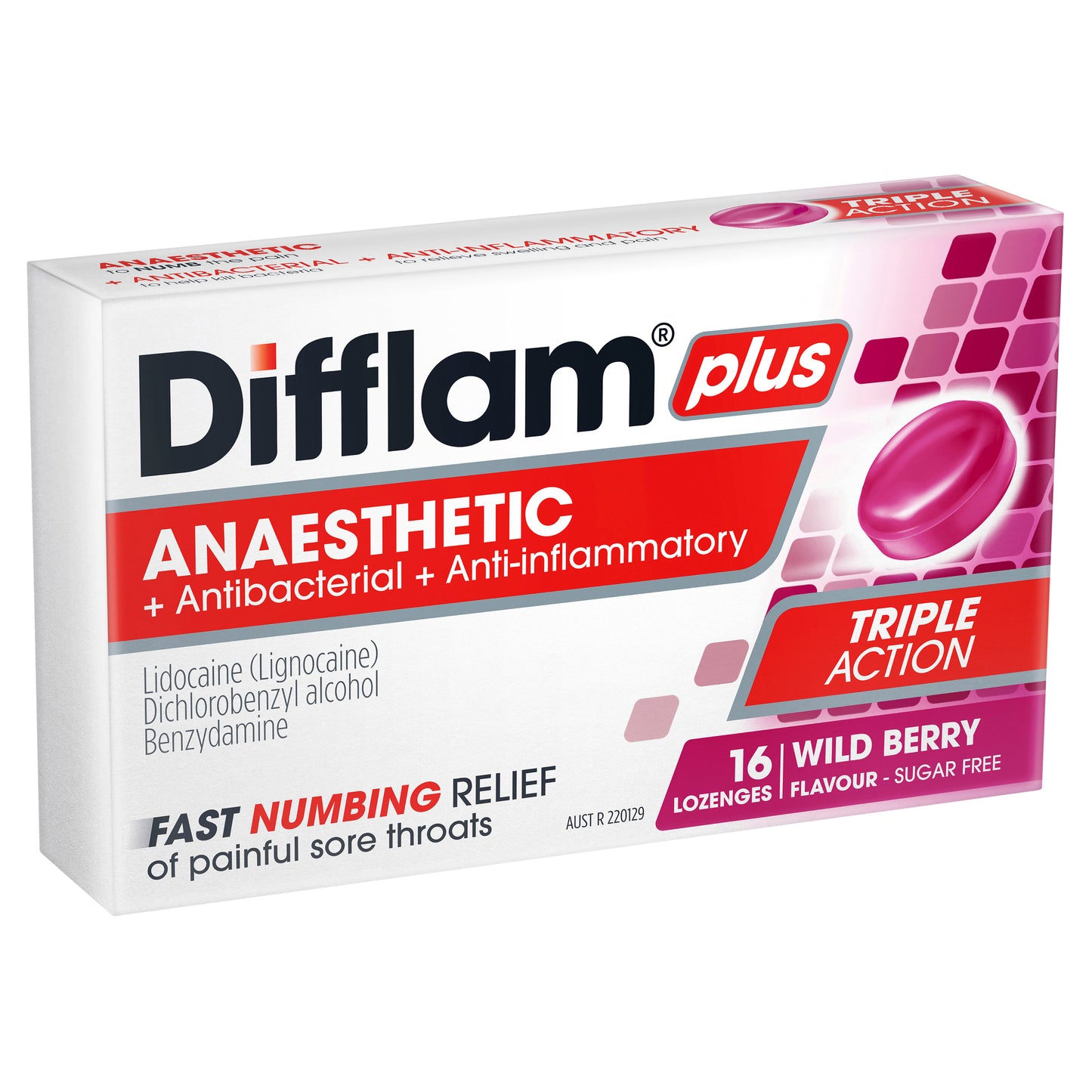 Difflam Plus Anaesthetic Lozenges Berry Sugar Free 16