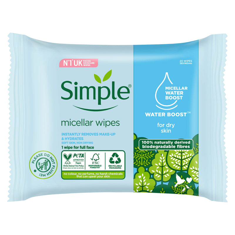 Simple Water Boost Micellar Biodegradable Cleansing Wipes 20 Pack