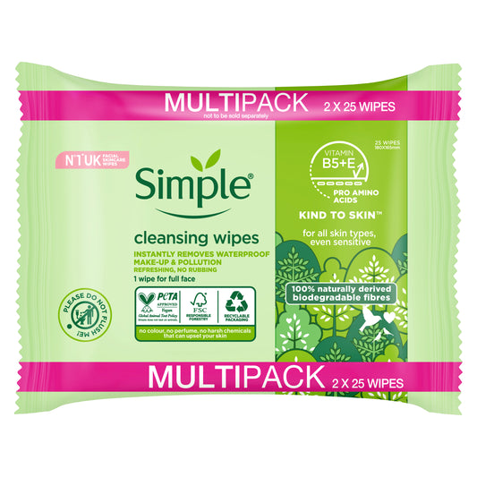 Simple Biodegradable Face Wipes Twin Pack (2 x 25)