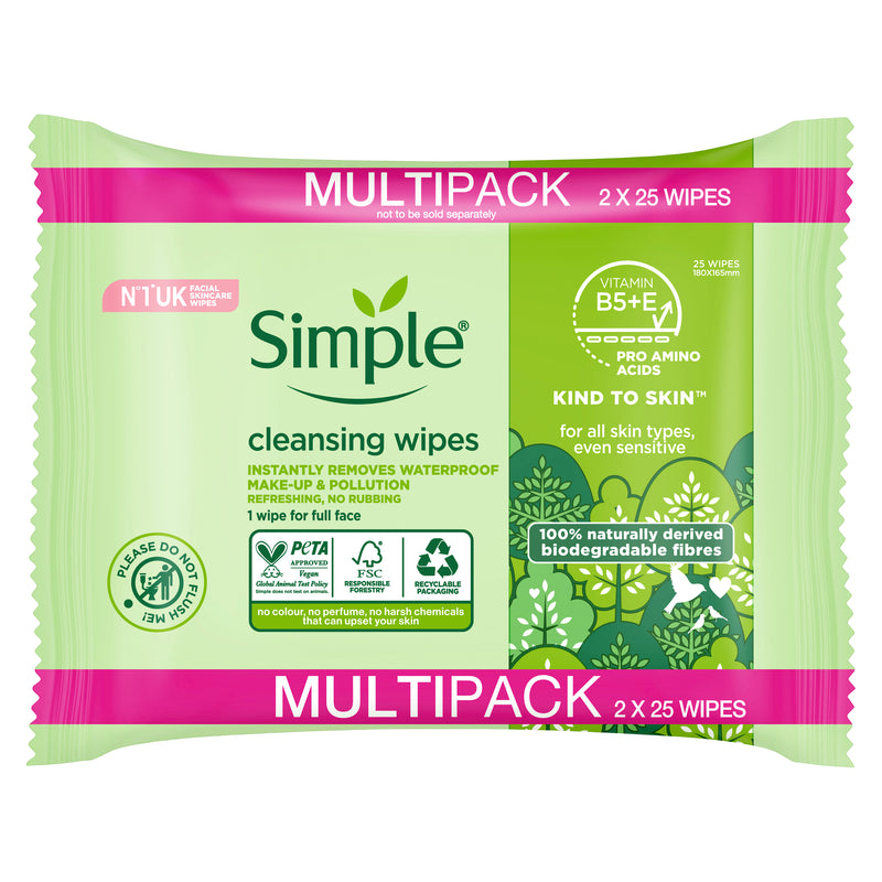 Simple Biodegradable Face Wipes Twin Pack (2 x 25)