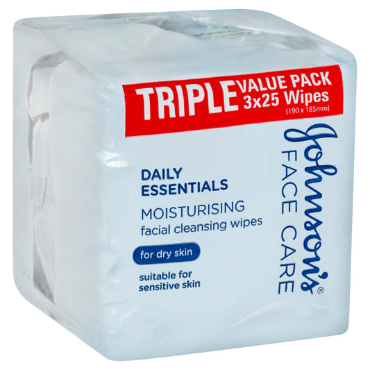 Johnson’s Daily Essentials Facial Cleansing Wipes (Dry Skin) 25 Pack x3