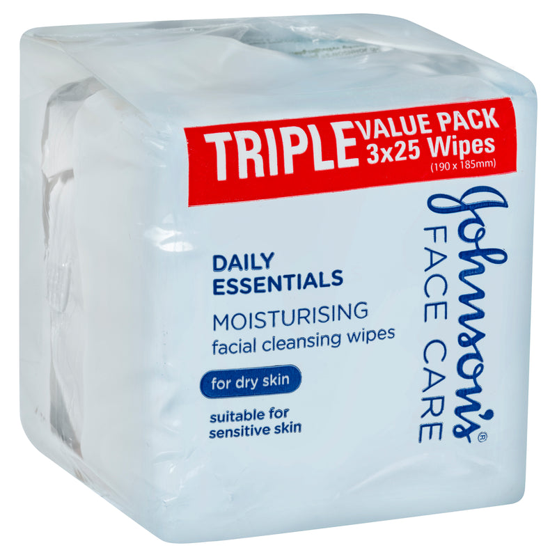 Johnson’s Daily Essentials Facial Cleansing Wipes (Dry Skin) 25 Pack x3