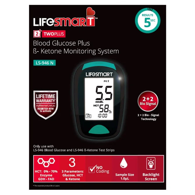LifeSmart 2TwoPlus Blood Glucose B-Ketone Monitor System LS-946N NBT
