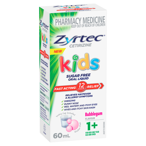Zyrtec Cetirizine Kids Sugar Free Oral Liquid Bubblegum Flavour 60mL