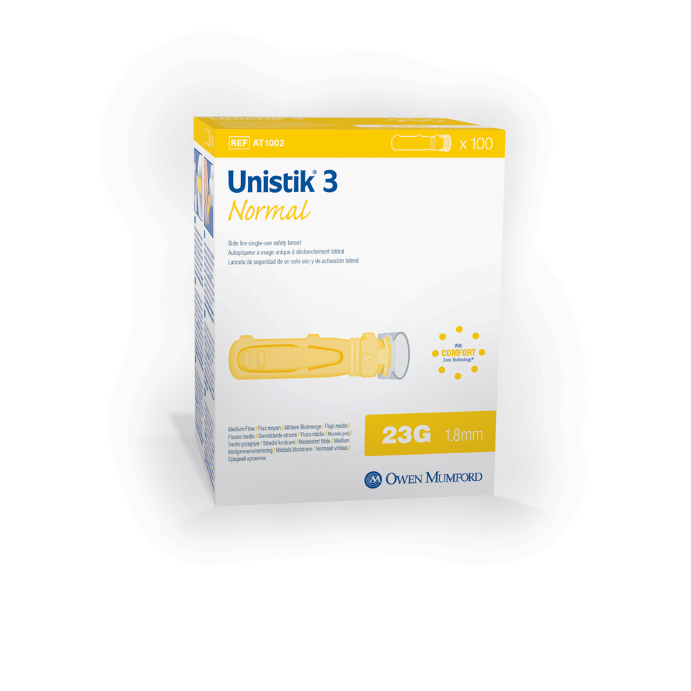 Unistik 3 Normal Safety Lancets 23 Gauge 1.8 mm Box of 100