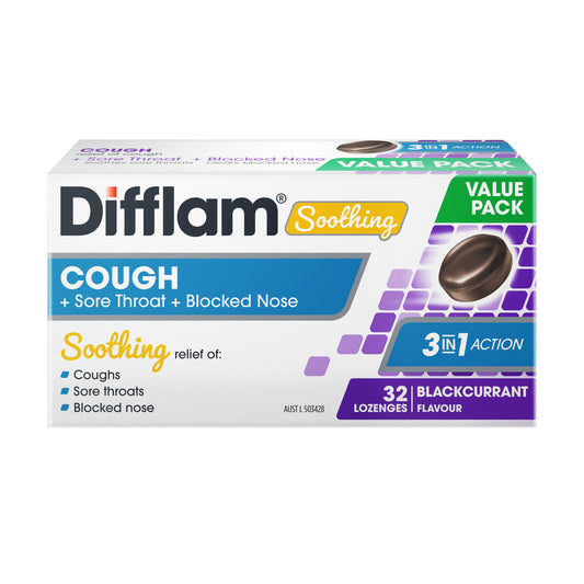 Difflam Soothing Cough + Sore Throat + Blocked Nose Lozenges Blackcurrant 32