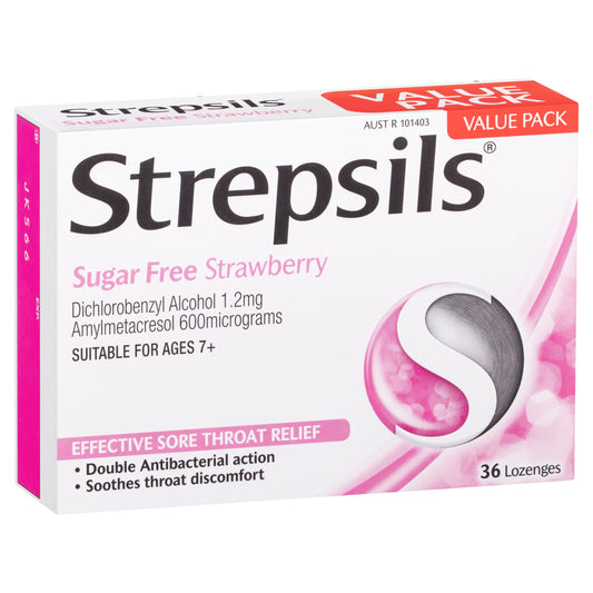 Strepsils Sore Throat Relief Lozenges Sugar Free Strawberry 36 Pack