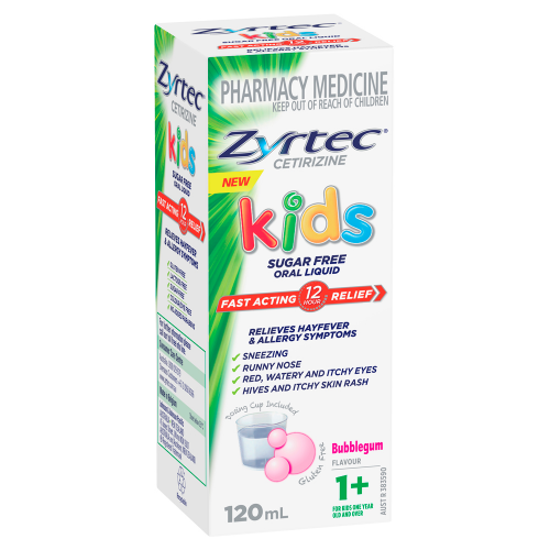 Zyrtec Cetirizine Kids Sugar Free Oral Liquid Bubblegum Flavour 120mL