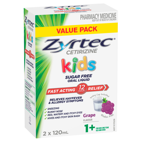 Zyrtec Cetrizine Kids Sugar Free Oral Liquid Grape Flavour 2 x 120mL