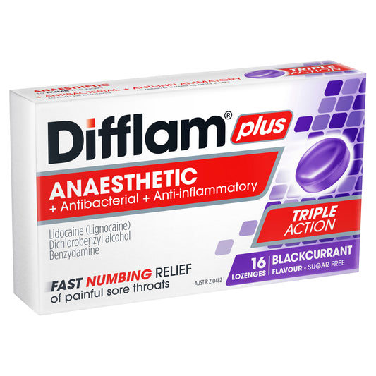 Difflam Plus Anaesthetic Lozenges Blackcurrant Sugar Free 16