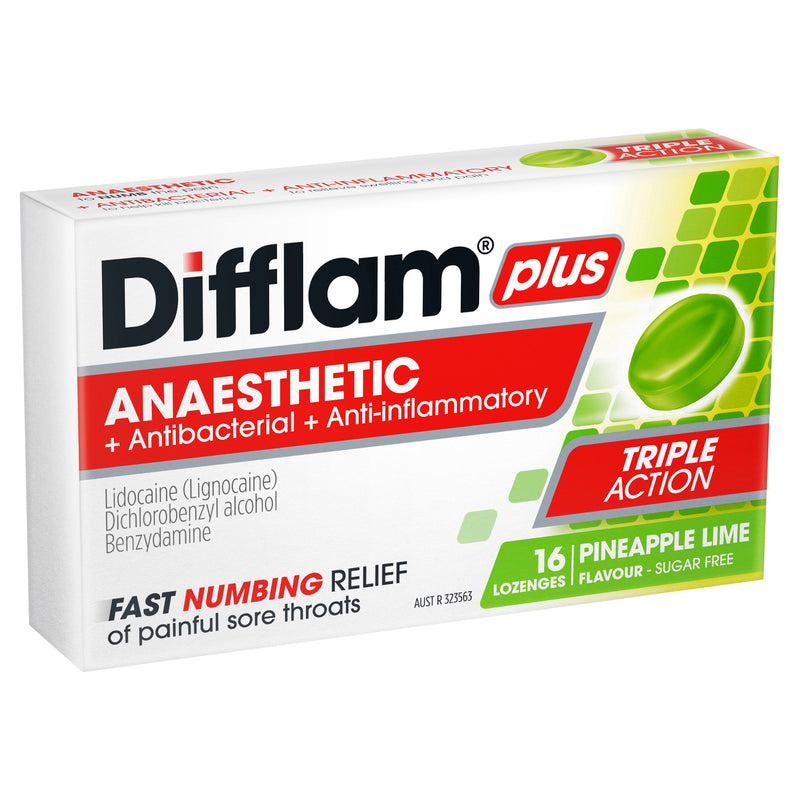 Difflam Plus Anaesthetic Sore Throat Lozenges Pineapple & Lime Flavour 16 Lozenges