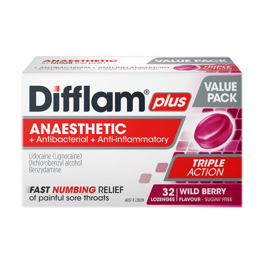 Difflam Plus Anaesthetic + Antibacterial + Anti-Inflammatory Wild Berry 32 Lozenges
