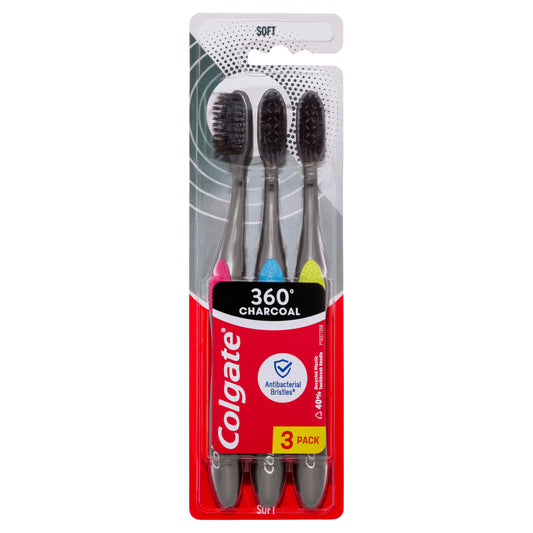 Colgate 360 Charcoal Antibacterial Soft Toothbrush 3pk x6